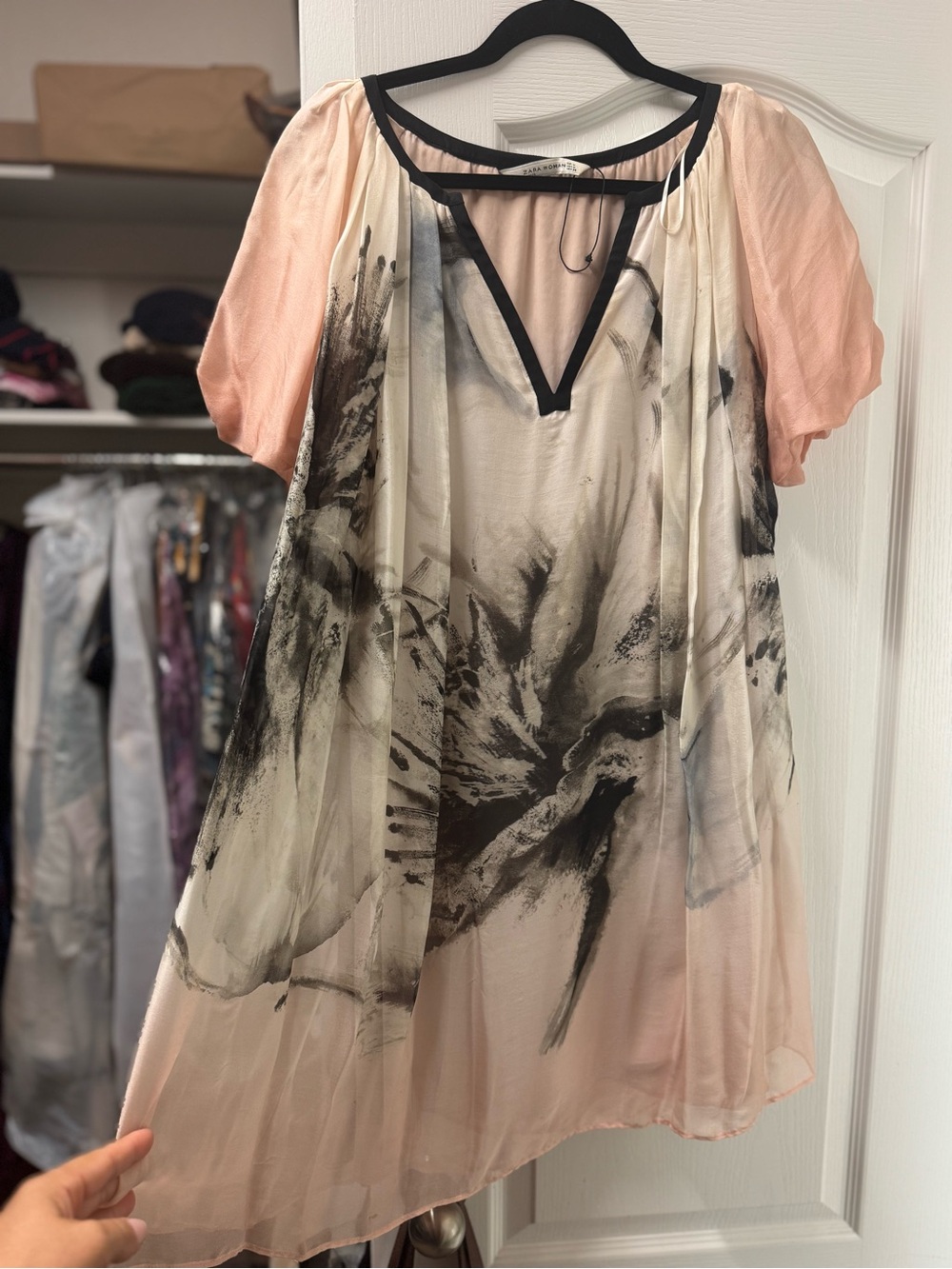 Zara Pink Cream Chiffon Floral-Print Peasant Tunic